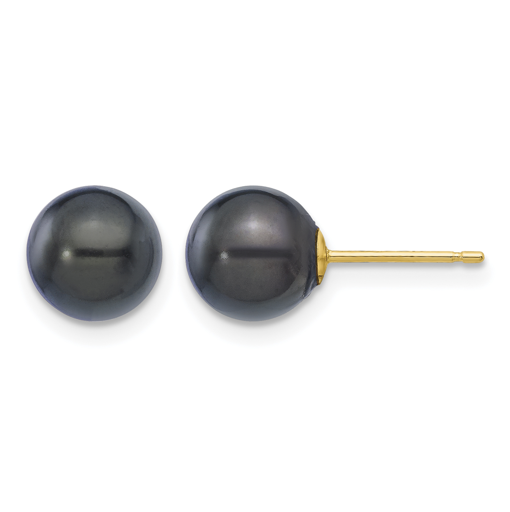 14k 7-8mm Black Round Akoya Saltwater Cultured Pearl Post Earrings (XF329E)