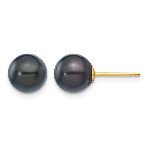 14K Yellow Gold 7-8mm Black Round Akoya Saltwater Cultured Pearl Post Earrings