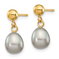 14K Yellow Gold 6-7mm Grey Rice Freshwater Cultured Pearl Dangle Post Earrings view 2