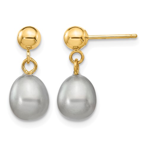 14K Yellow Gold 6-7mm Grey Rice Freshwater Cultured Pearl Dangle Post Earrings