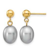 14K 7-8mm Grey Rice Freshwater Cultured Pearl Dangle Post Earrings view 1