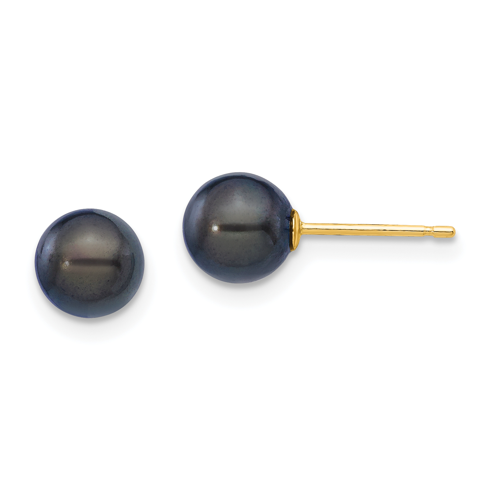 14k 6-7mm Black Round Akoya Saltwater Cultured Pearl Post Earrings (XF333E)