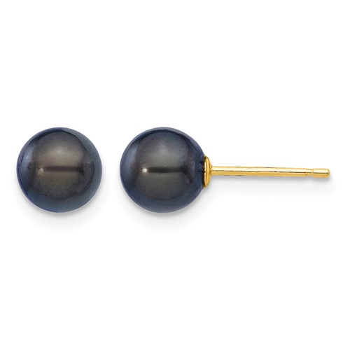 14K Yellow Gold 6-7mm Black Round Akoya Saltwater Cultured Pearl Post Earrings
