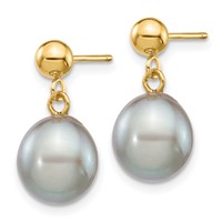 14K Yellow Gold 8-9mm Grey Rice Freshwater Cultured Pearl Dangle Post Earrings view 2