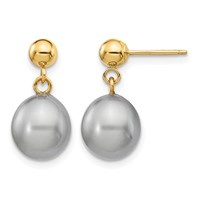 14K Yellow Gold 8-9mm Grey Rice Freshwater Cultured Pearl Dangle Post Earrings view 1
