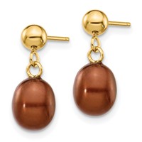 14K Yellow Gold 6-7mm Brown Rice Freshwater Cultured Pearl Dangle Post Earrings view 2