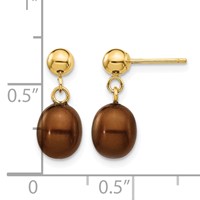 14K Yellow Gold 6-7mm Brown Rice Freshwater Cultured Pearl Dangle Post Earrings view 4