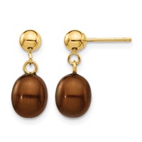 14K Yellow Gold 6-7mm Brown Rice Freshwater Cultured Pearl Dangle Post Earrings view 1