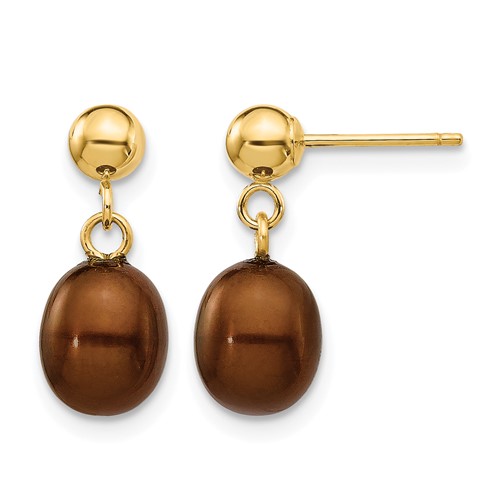 14K Yellow Gold 6-7mm Brown Rice Freshwater Cultured Pearl Dangle Post Earrings