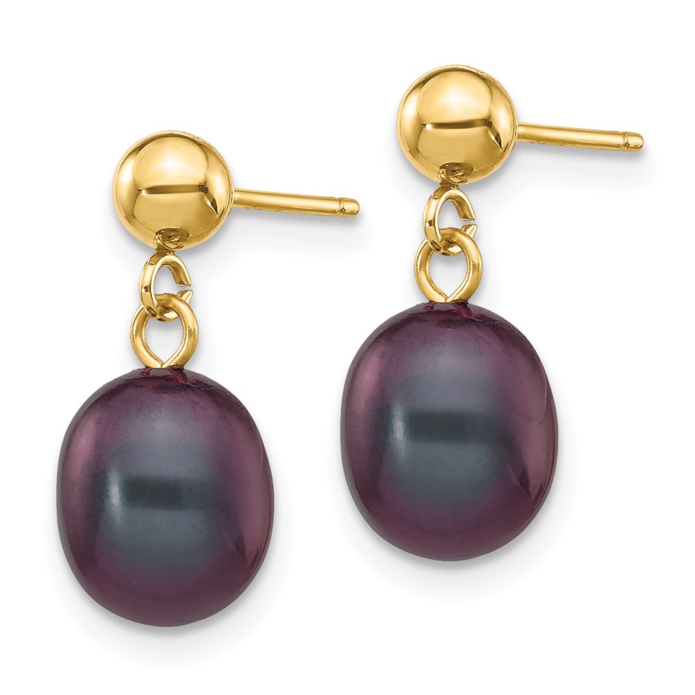 14k 7-8mm Black Rice Freshwater Cultured Pearl Post Dangle Earrings (XF336E)