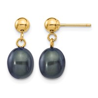14K Yellow Gold 7-8mm Black Rice Freshwater Cultured Pearl Dangle Post Earrings view 1