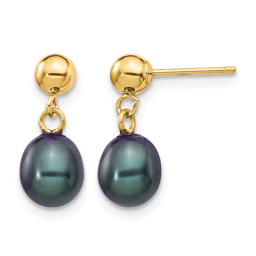14K Yellow Gold 6-7mm Black Rice Freshwater Cultured Pearl Dangle Post Earrings