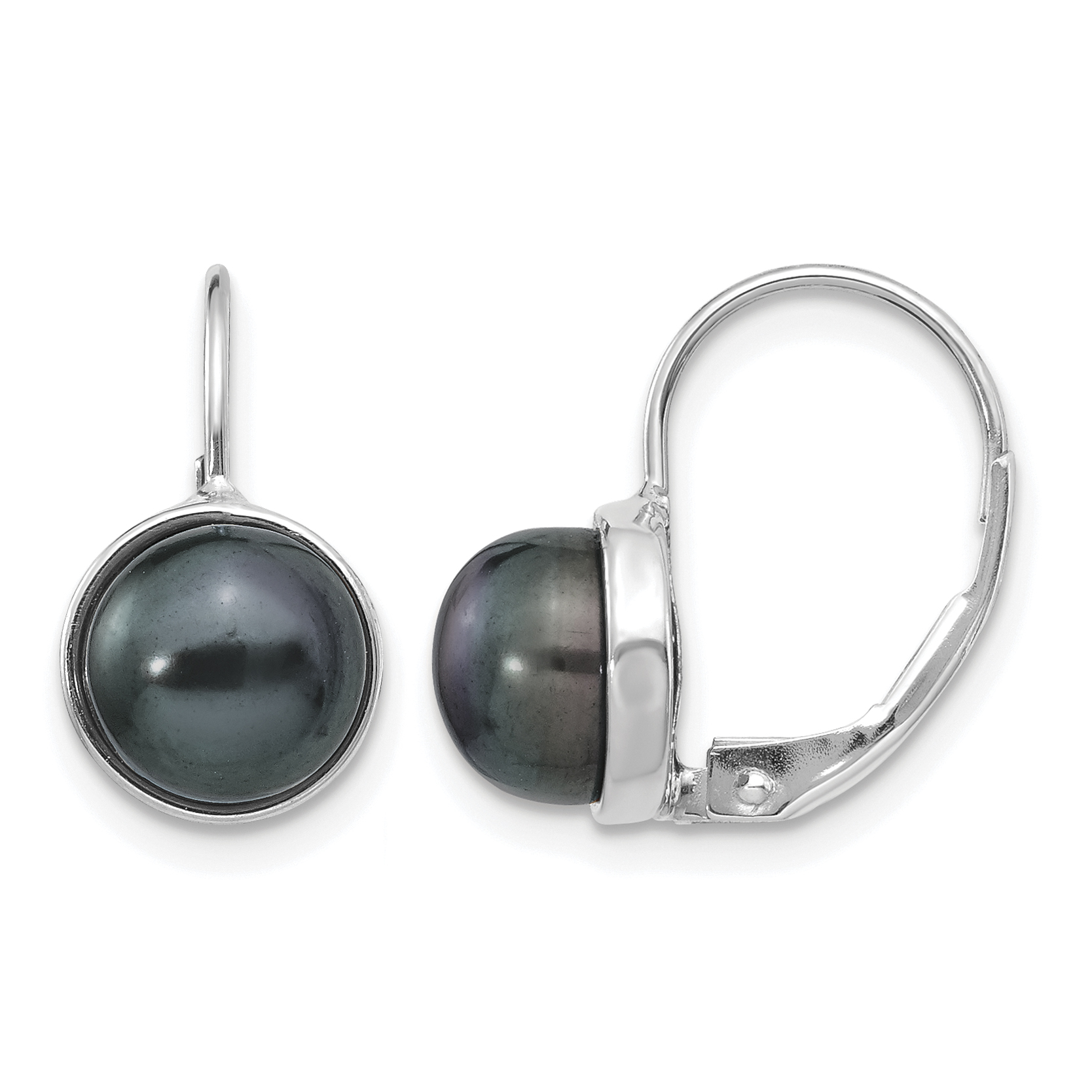 14k White Gold 6-7mm Black Button Freshwater Cultured Pearl Leverback Earrings (XF347E)