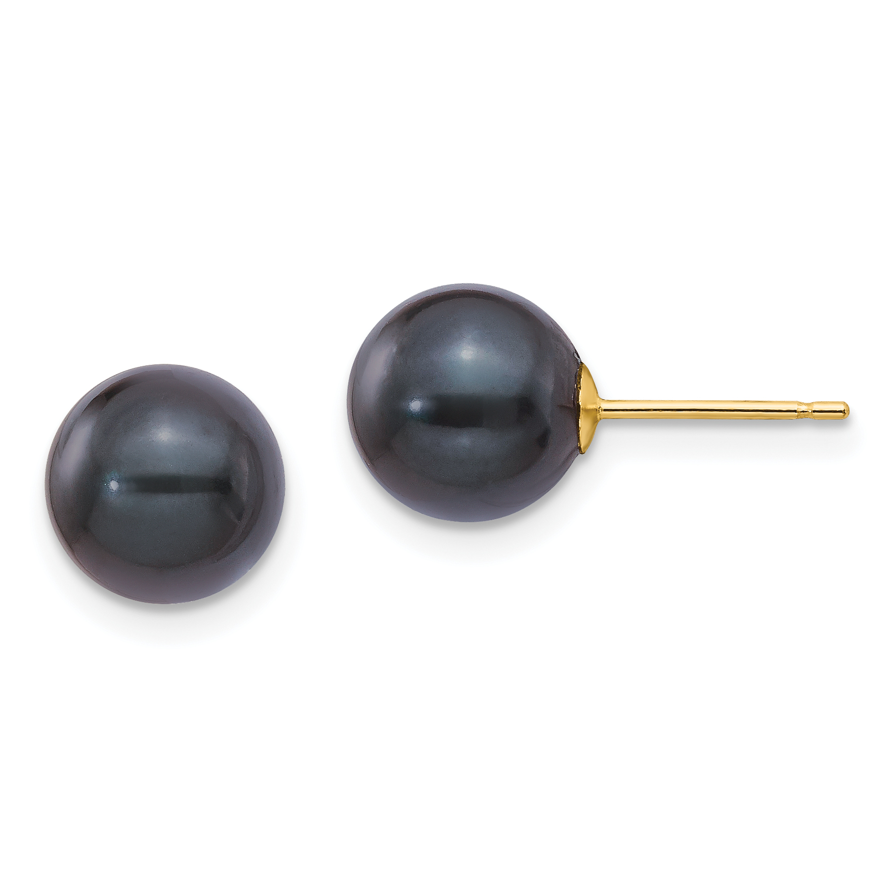 14k 8-9mm Black Round Akoya Saltwater Cultured Pearl Post Earrings (XF348E)