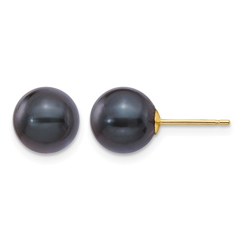 14K Yellow Gold 8-9mm Black Round Akoya Saltwater Cultured Pearl Post Earrings