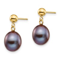 14K Yellow Gold 8-9mm Black Rice Freshwater Cultured Pearl Dangle Post Earrings view 2