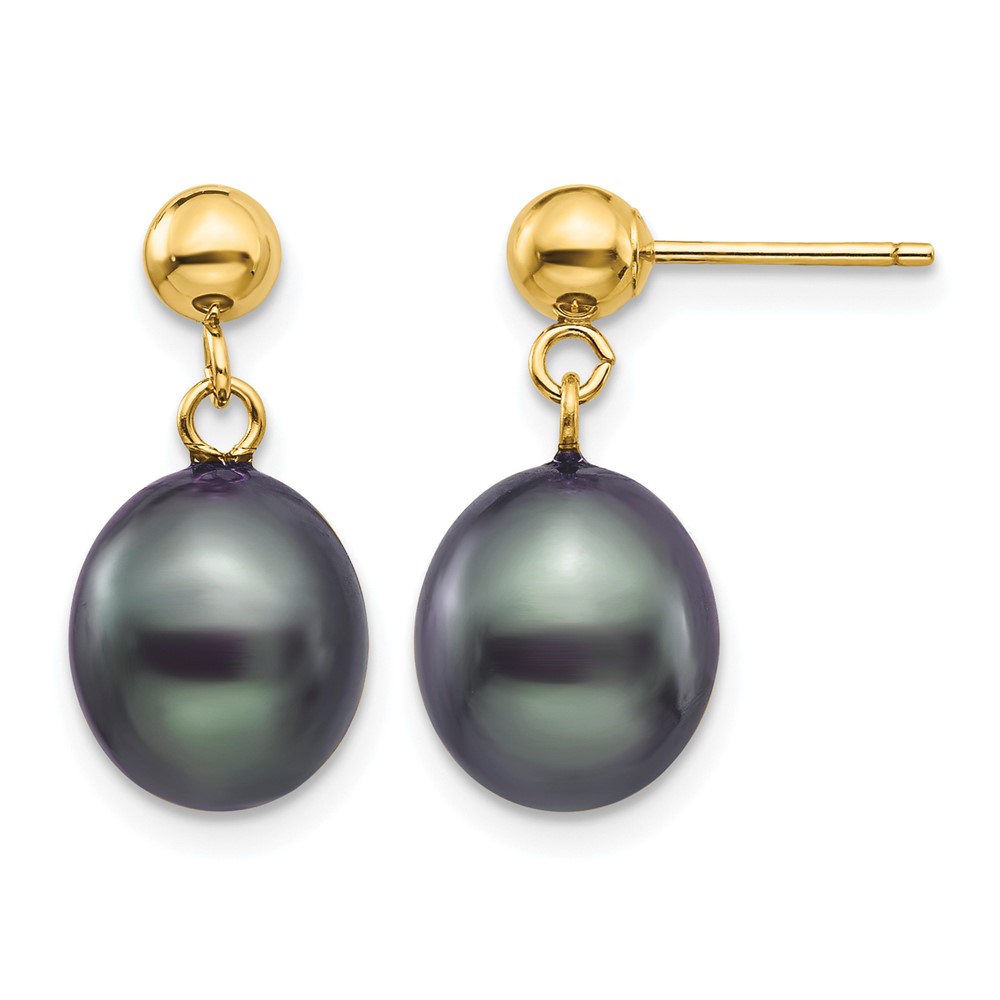 14K Yellow Gold 8-9mm Black Rice Freshwater Cultured Pearl Dangle Post Earrings