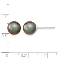 14K White Gold 8-9mm Black Round Tahitian Saltwater Cultured Pearl Post Earrings view 4
