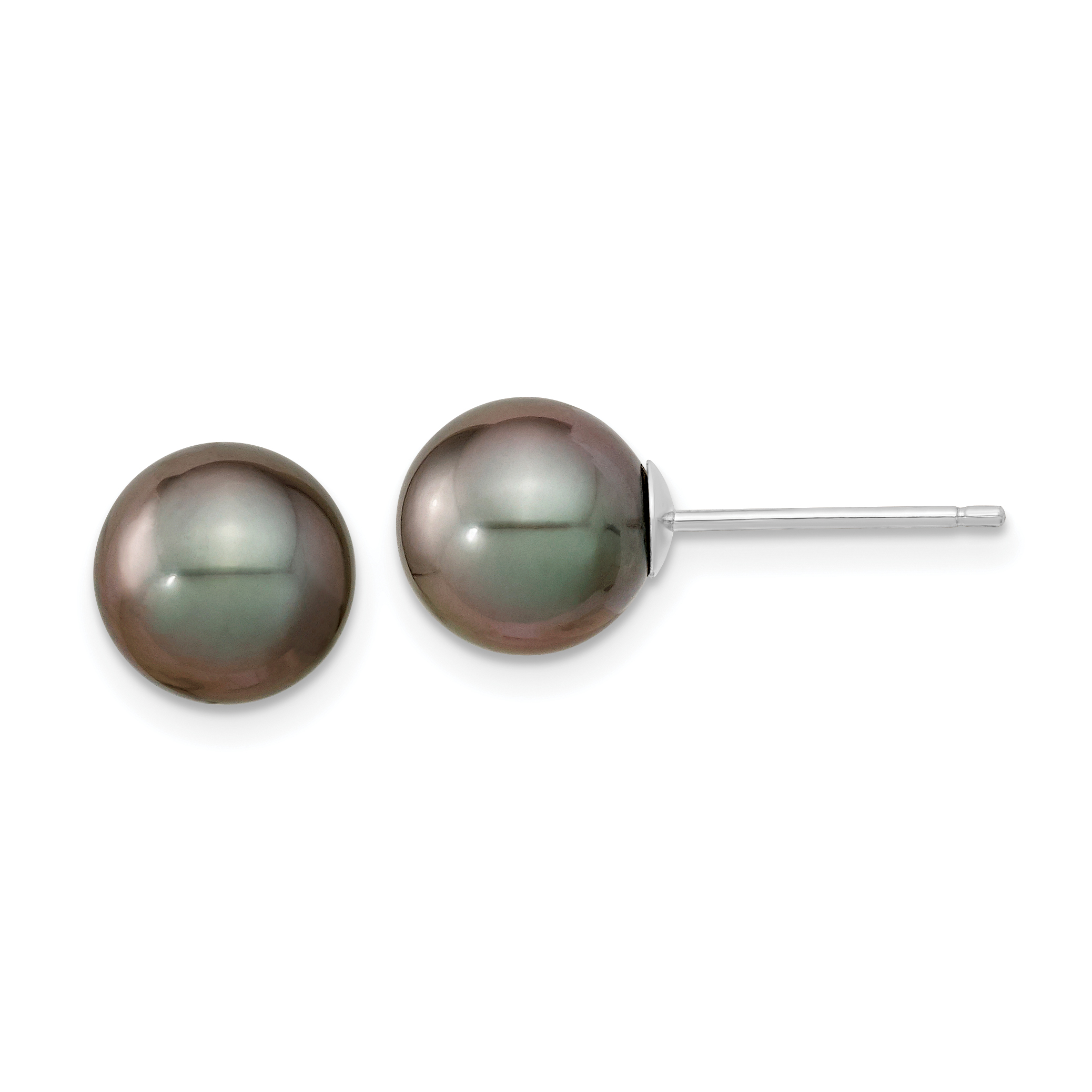 14k White Gold 8-9mm Black Round Tahitian Saltwater Cultured Pearl Post Earrings (XF350E)