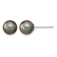14K White Gold 8-9mm Black Round Tahitian Saltwater Cultured Pearl Post Earrings view 1