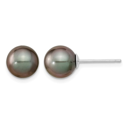 14K White Gold 8-9mm Black Round Tahitian Saltwater Cultured Pearl Post Earrings