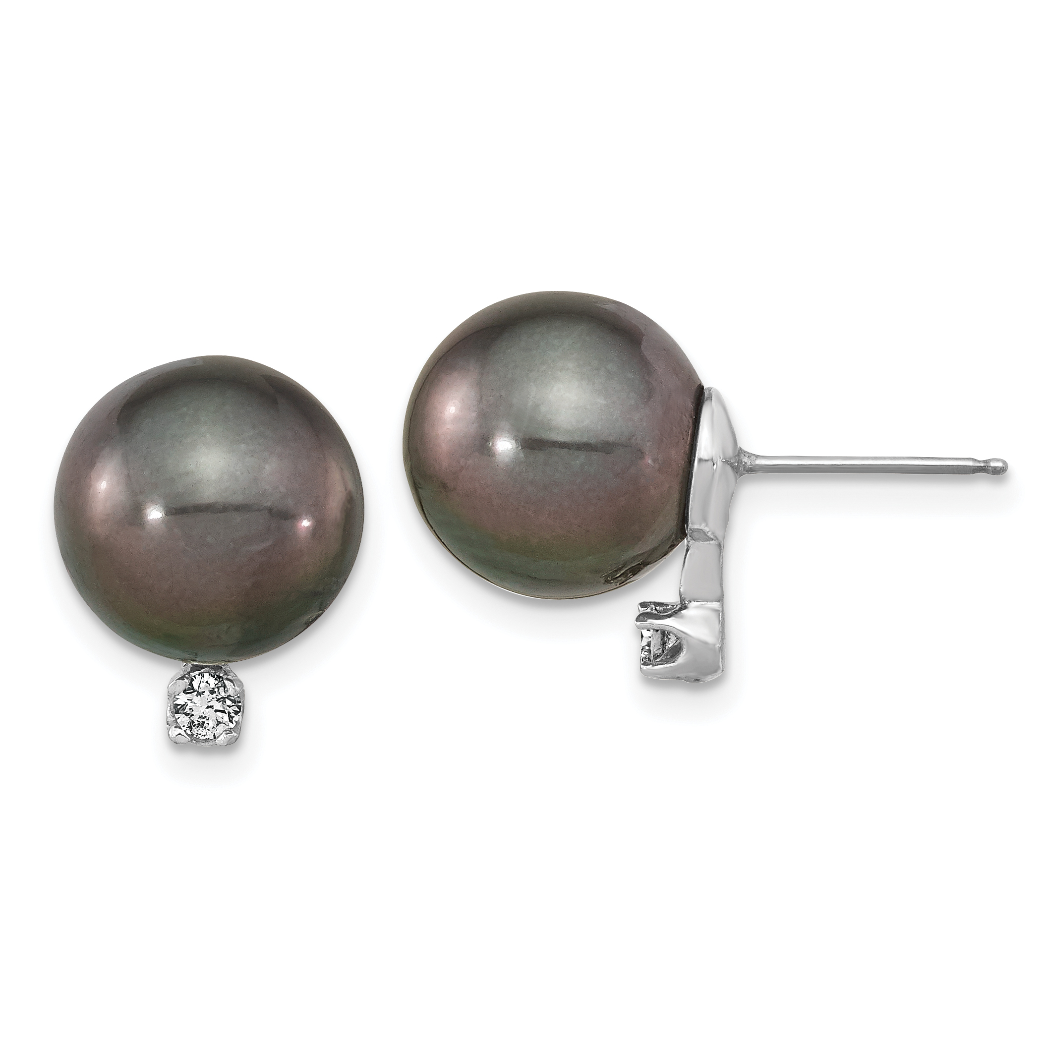 14k White Gold 10-11mm Black Round Tahitian Saltwater Cultured Pearl and .10 Carat Diamond Post Earring (XF353E)