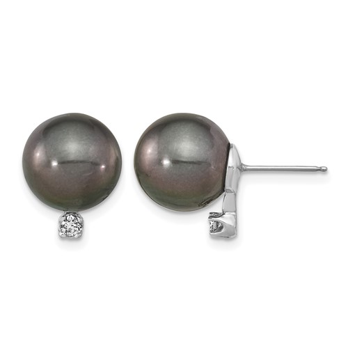 14K White Gold 10-11mm Black Round Tahitian Saltwater Cultured Pearl and.10 Carat Diamond Post Earring