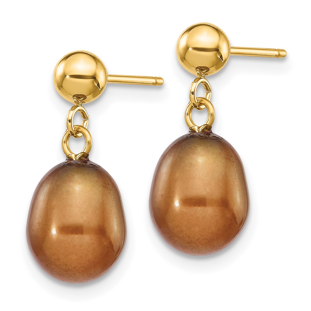 14k 7-8mm Brown Rice Freshwater Cultured Pearl Post Dangle Earrings (XF354E)