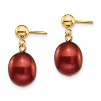 14K Yellow Gold 8-9mm Brown Rice Freshwater Cultured Pearl Dangle Post Earrings view 2