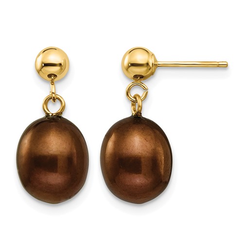 14K Yellow Gold 8-9mm Brown Rice Freshwater Cultured Pearl Dangle Post Earrings