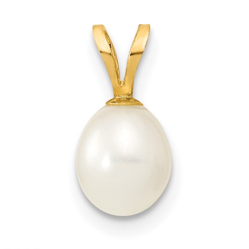 14K Yellow Gold 6-7mm White Rice Freshwater Cultured Pearl Pendant