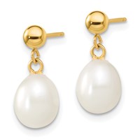 14K Yellow Gold 7-8mm White Rice Freshwater Cultured Pearl Necklace and Post Earring Set, 18" view 4