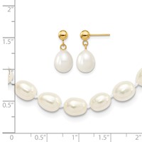 14K Yellow Gold 7-8mm White Rice Freshwater Cultured Pearl Necklace and Post Earring Set, 18" view 3