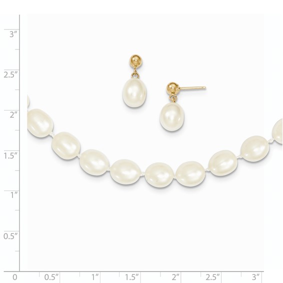 14k 7-8mm White Rice Freshwater Cultured Pearl 18 inch Necklace and Post Earring Set