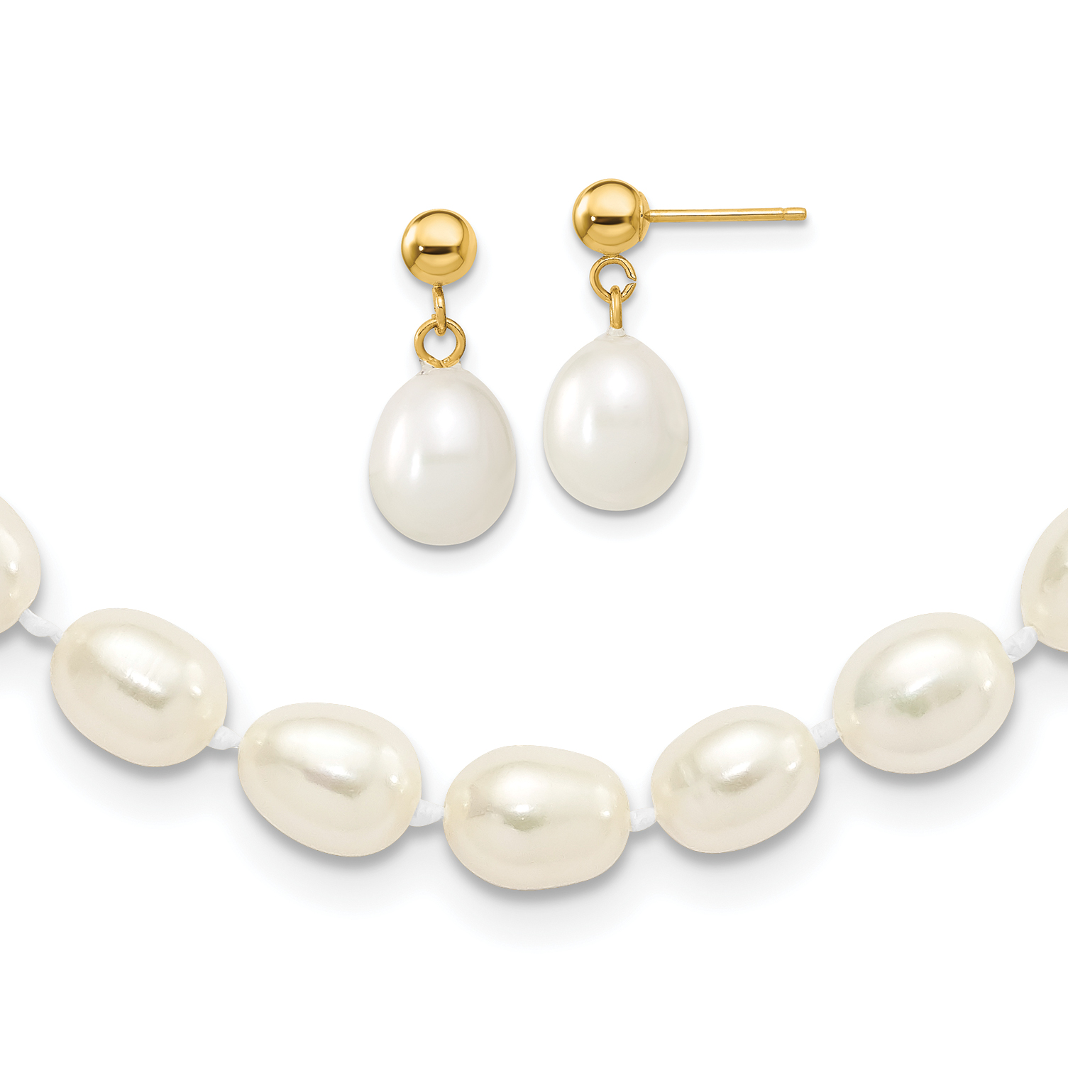 14k 7-8mm White Rice Freshwater Cultured Pearl 18 inch Necklace and Post Earring Set (XF394SET)