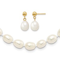 14K Yellow Gold 7-8mm White Rice Freshwater Cultured Pearl Necklace and Post Earring Set, 18" view 1