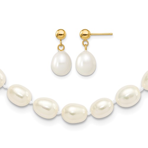 14K Yellow Gold 7-8mm White Rice Freshwater Cultured Pearl Necklace and Post Earring Set, 18"