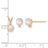 14K Yellow Gold 5-6mm White Round Akoya Saltwater Cultured Pearl and.03 Carat Diamond Post Earrings and Pendant Set view 3