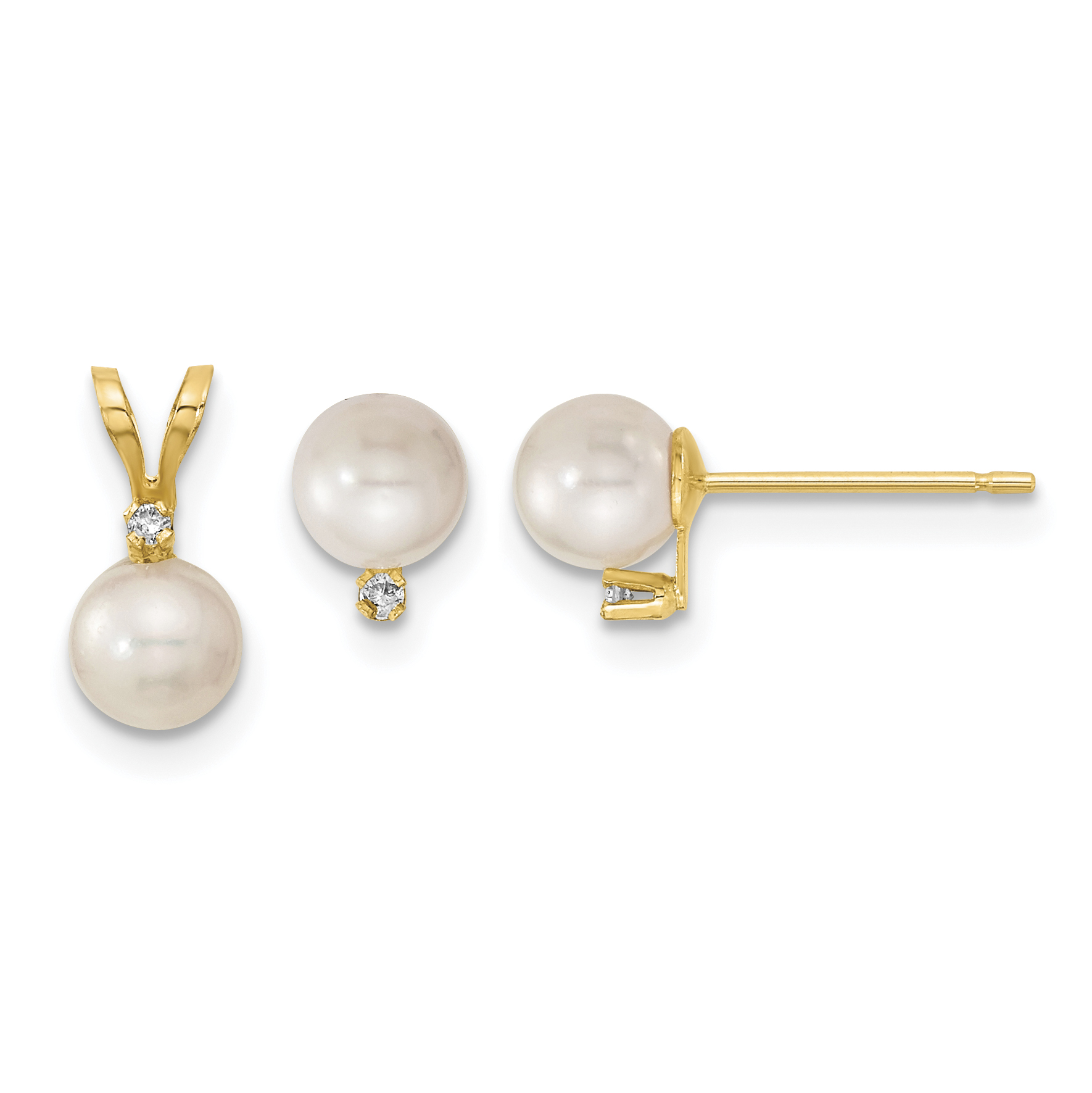 14k 5-6mm White Round Akoya Saltwater Cultured Pearl and .03 Carat Diamond Post Earrings and Pendant Set (XF398SET)