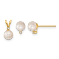 14K Yellow Gold 5-6mm White Round Akoya Saltwater Cultured Pearl and.03 Carat Diamond Post Earrings and Pendant Set view 1