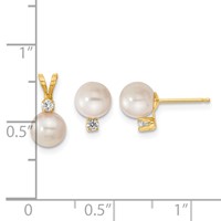 14K Yellow Gold 6-7mm White Round Akoya Saltwater Cultured Pearl and.10 Carat Diamond Post Earrings and Pendant Set view 3