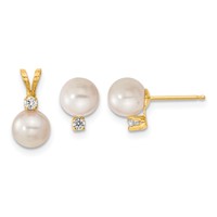 14K Yellow Gold 6-7mm White Round Akoya Saltwater Cultured Pearl and.10 Carat Diamond Post Earrings and Pendant Set view 1