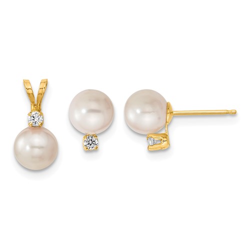 14K Yellow Gold 6-7mm White Round Akoya Saltwater Cultured Pearl and.10 Carat Diamond Post Earrings and Pendant Set