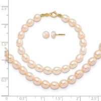14K Yellow Gold 3-5mm Semi-Round Pink Freshwater Cultured Pearl Necklace 5 Inch Bracelet Post Earrings 3-piece Set, 12" view 3