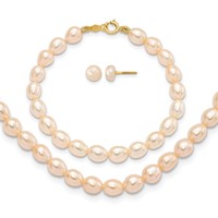 14K Yellow Gold 3-5mm Semi-Round Pink Freshwater Cultured Pearl Necklace 5 Inch Bracelet Post Earrings 3-piece Set, 12" view 1