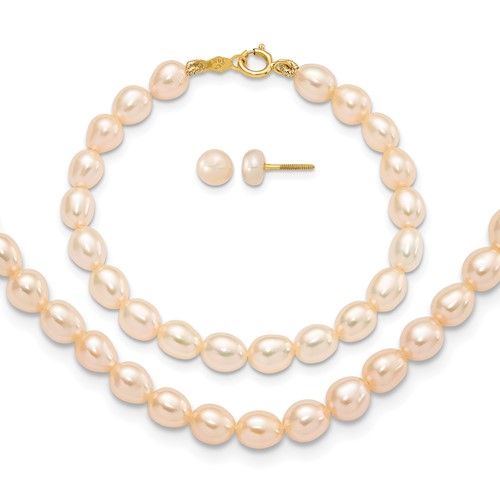 14K Yellow Gold 3-5mm Semi-Round Pink Freshwater Cultured Pearl Necklace 5 Inch Bracelet Post Earrings 3-piece Set, 12"