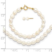 14K Yellow Gold 3-5mm Semi-Round White Freshwater Cultured Pearl Necklace 4 Inch Bracelet Post Earrings 3-piece Set, 12" view 3