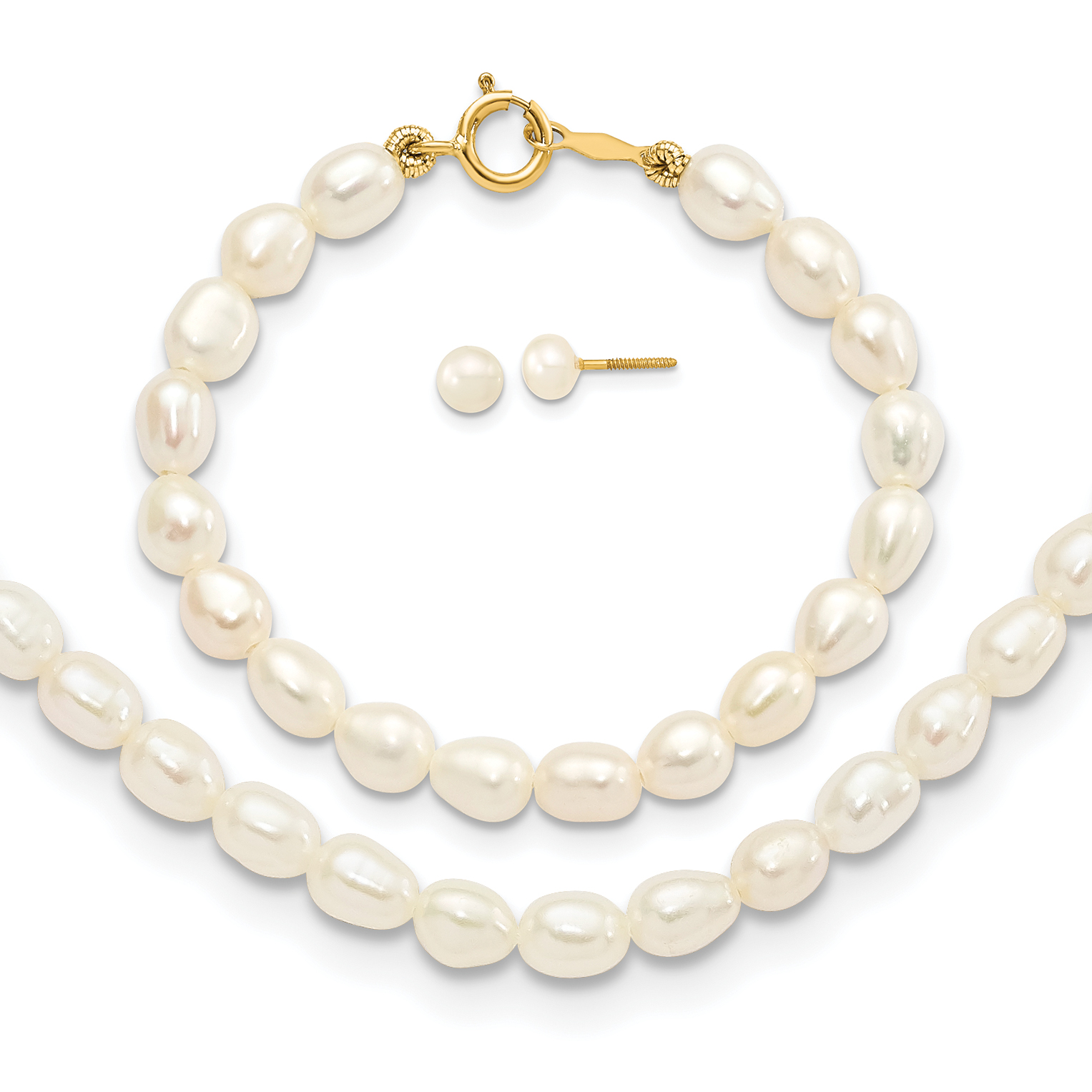 14k 3-5mm Semi-Round White Freshwater Cultured Pearl 12 inch Necklace, 4 inch Bracelet and Post Earrings Set (XF401SET)