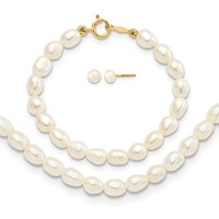 14K Yellow Gold 3-5mm Semi-Round White Freshwater Cultured Pearl Necklace 4 Inch Bracelet Post Earrings 3-piece Set, 12" view 1