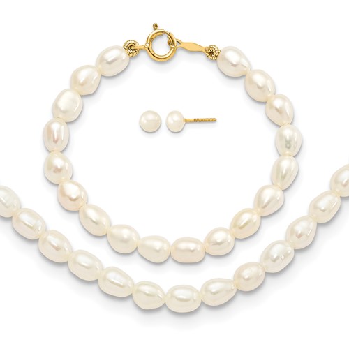 14K Yellow Gold 3-5mm Semi-Round White Freshwater Cultured Pearl Necklace 4 Inch Bracelet Post Earrings 3-piece Set, 12"